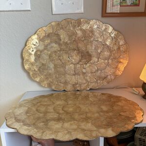 Vtg Capiz Shell Cork 2 Oblong Placemats Genuine Shell-Craft Scalloped 19x13”